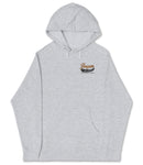 A gray hooded sweatshirt with a logo on the left side.