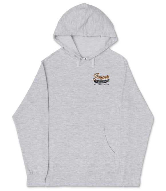 A gray hooded sweatshirt with a logo on the left side.