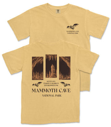 a yellow t-shirt with a graphic design depicting the Mammoth Cave National Park in Kentucky.