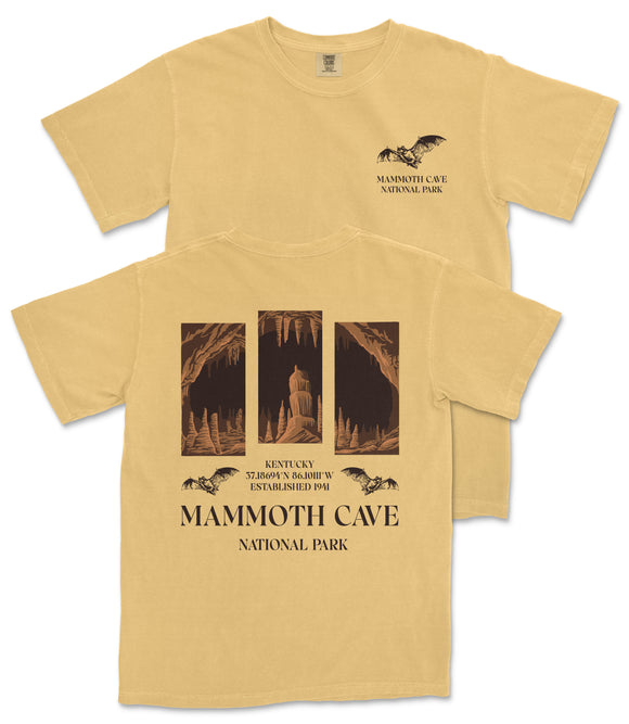 a yellow t-shirt with a graphic design depicting the Mammoth Cave National Park in Kentucky.