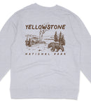 A gray sweatshirt with a graphic design depicting a bear and a landscape with a geyser, along with the text "Yellowstone National Park".