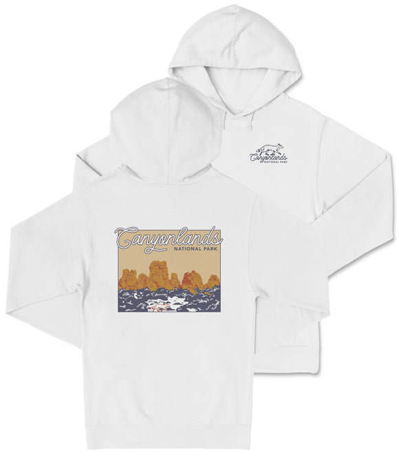 A white hooded sweatshirt with a graphic design depicting a scenic landscape with mountains and water.