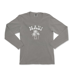 a gray long sleeve shirt with palm trees on it