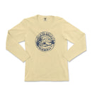 a women's long sleeve t - shirt with a blue and white graphic of