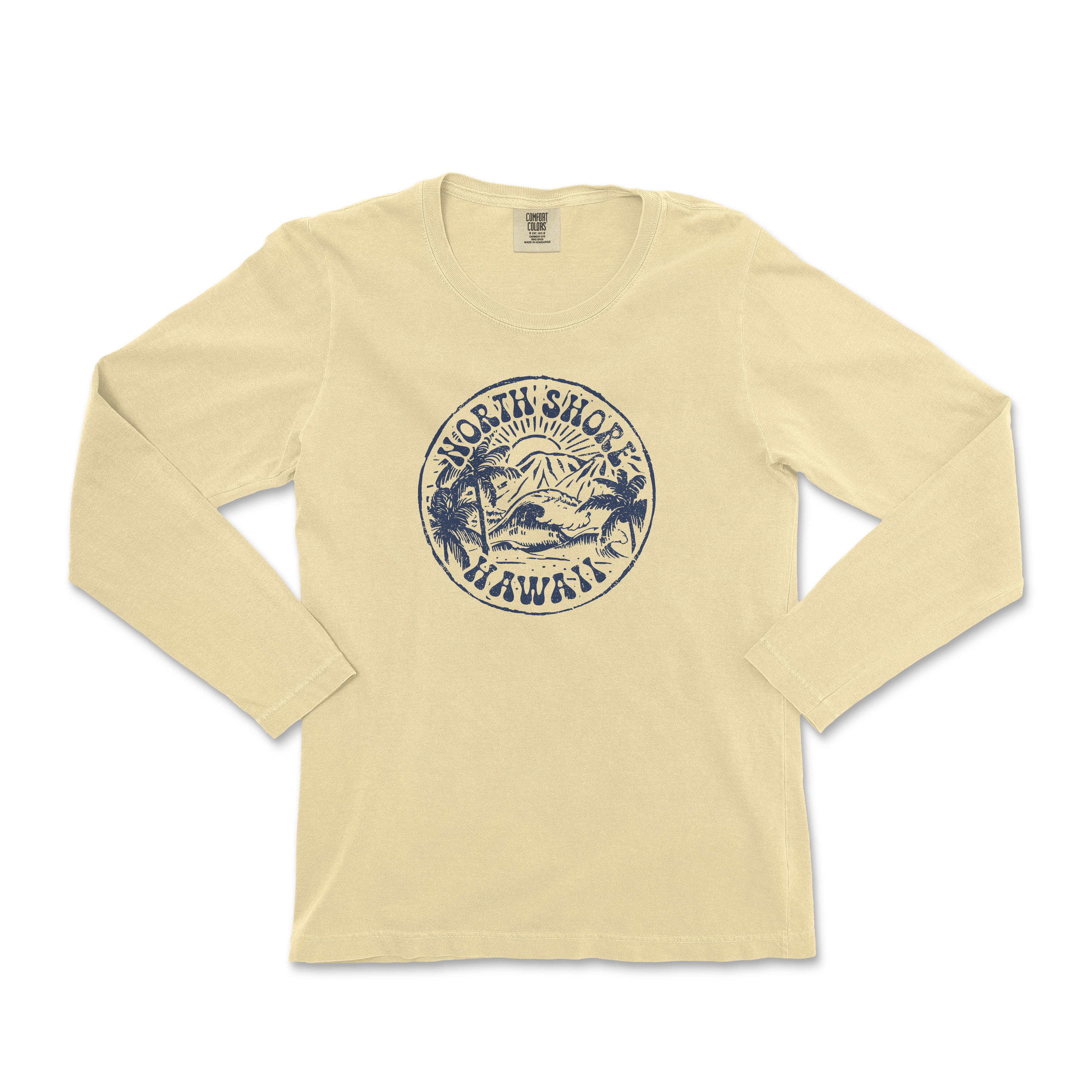a women's long sleeve t - shirt with a blue and white graphic of