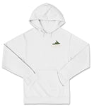 A white hoodie with a graphic design on the front.