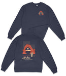 a navy blue sweatshirt with a graphic design and text on the back.