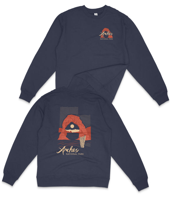 a navy blue sweatshirt with a graphic design and text on the back.