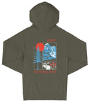 A dark green hooded sweatshirt with a graphic design featuring a mountain landscape, a tree, and a sun. The text "BANFF NATIONAL PARK" is printed on the back of the sweatshirt.