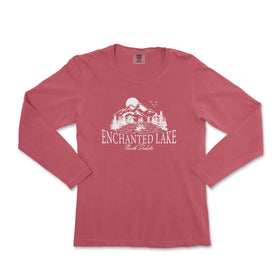 a women's red long sleeve shirt with the words, enchanted lake
