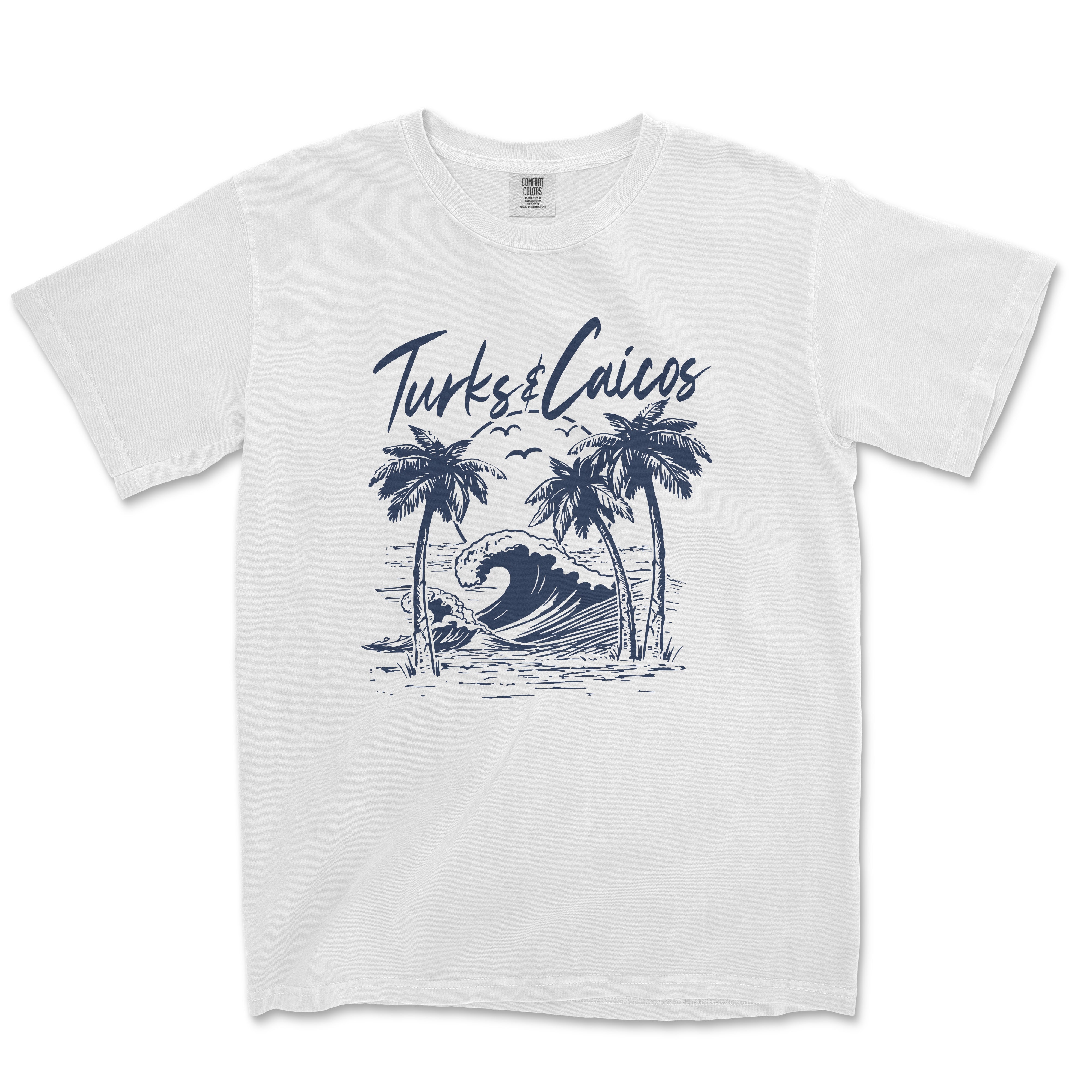 a white t - shirt with a picture of a wave and palm trees