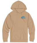 A beige hooded sweatshirt with a graphic design on the front.