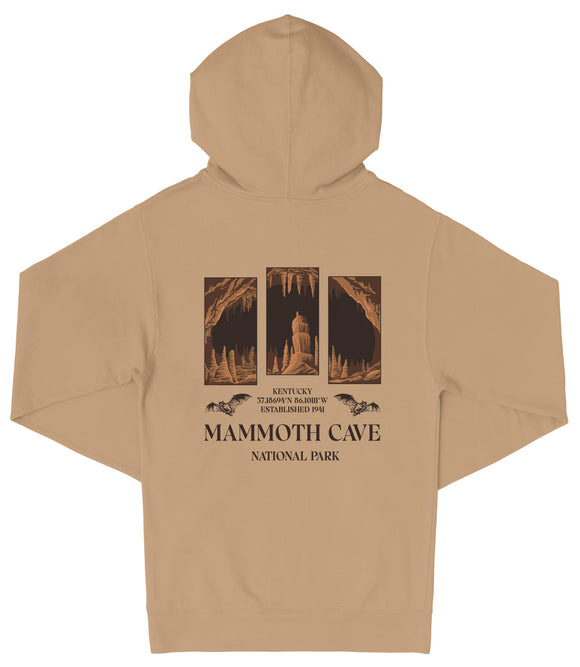 The image is a beige hoodie with a graphic design depicting the Mammoth Cave National Park in Kentucky.