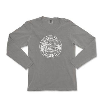 a grey long sleeve shirt with a white logo on the chest