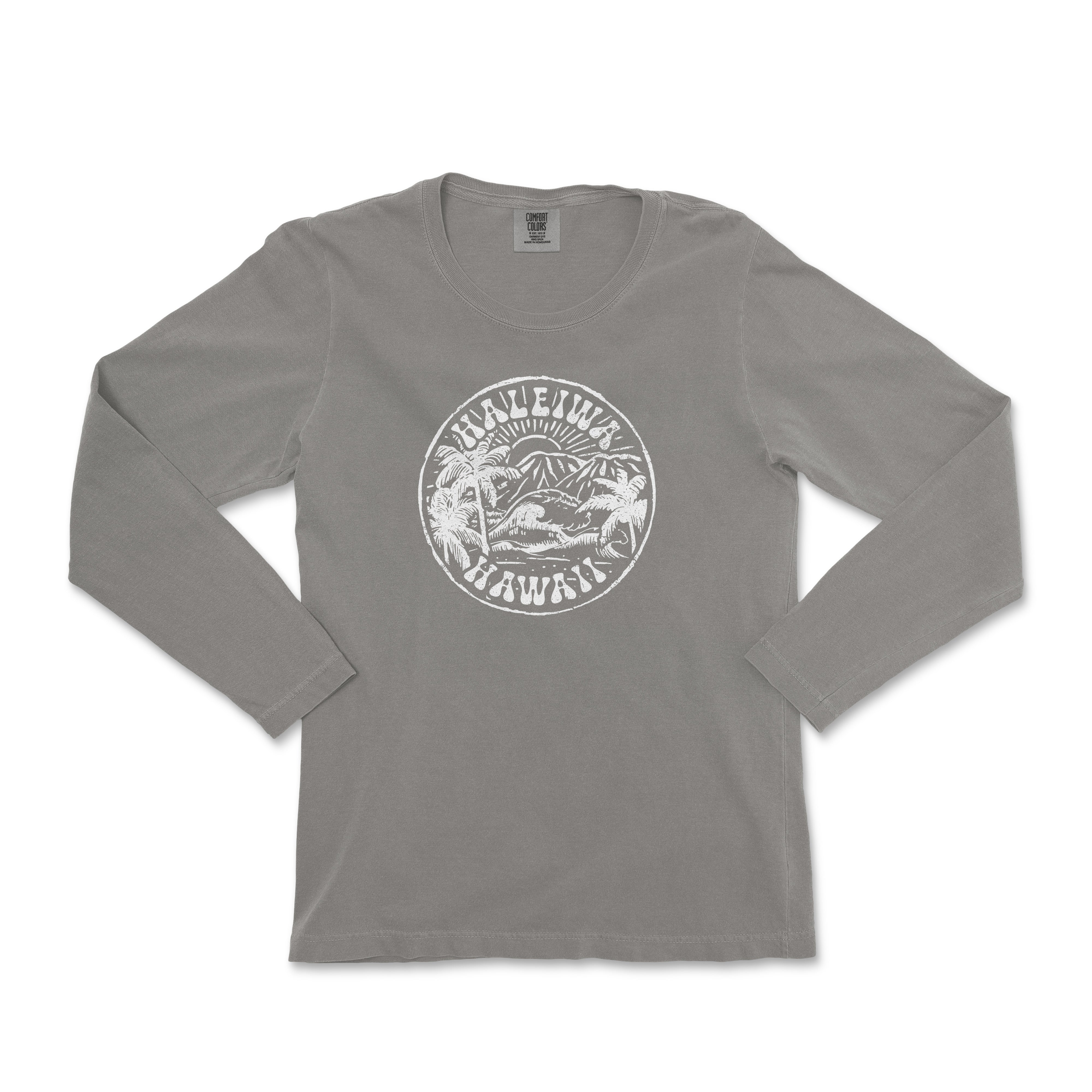 a grey long sleeve shirt with a white logo on the chest