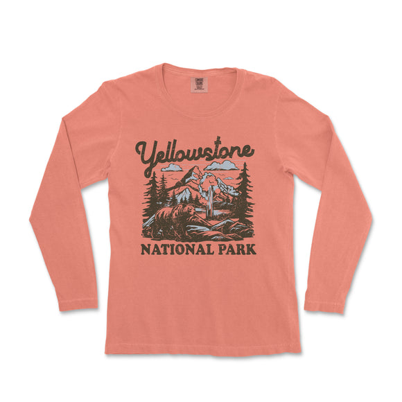 a women's long sleeve shirt with the yellowstone national park logo