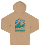 A beige hooded sweatshirt with a graphic design depicting a mountain landscape, including a bear and trees, along with the text "Mount Rainier National Park".