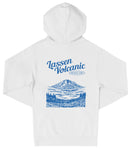 A white hooded sweatshirt with a graphic design depicting a mountain landscape and a lake.