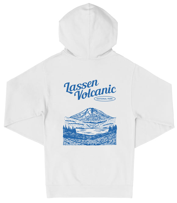 A white hooded sweatshirt with a graphic design depicting a mountain landscape and a lake.