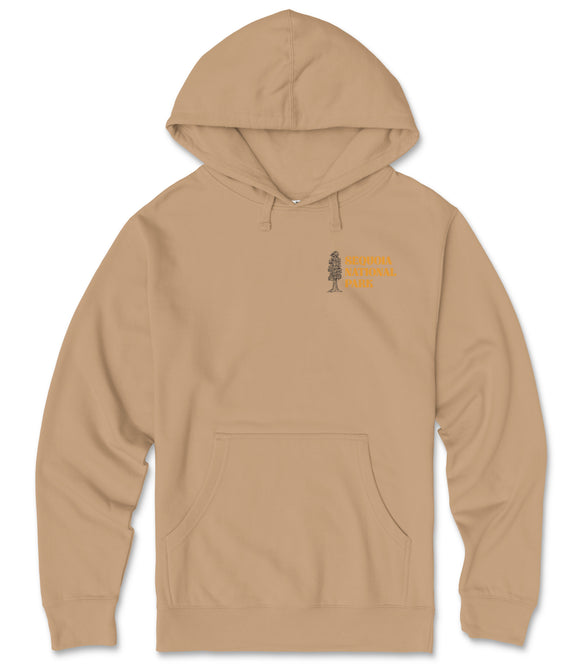 A beige hooded sweatshirt with a graphic design on the front.