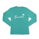 a women's long sleeve shirt with the word, bemuday in white