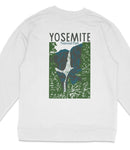 A white long-sleeved shirt with a graphic design depicting a waterfall and mountains, along with the text "YOSEMITE National Park".