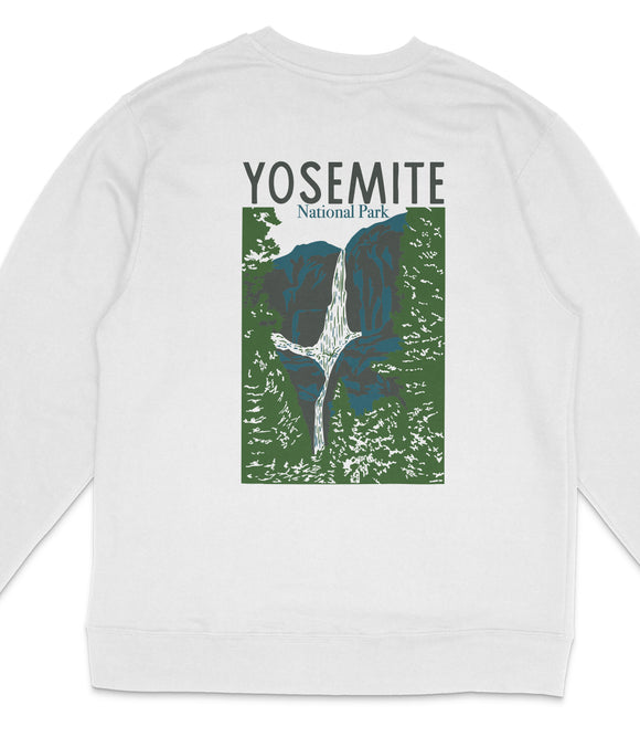 A white long-sleeved shirt with a graphic design depicting a waterfall and mountains, along with the text "YOSEMITE National Park".