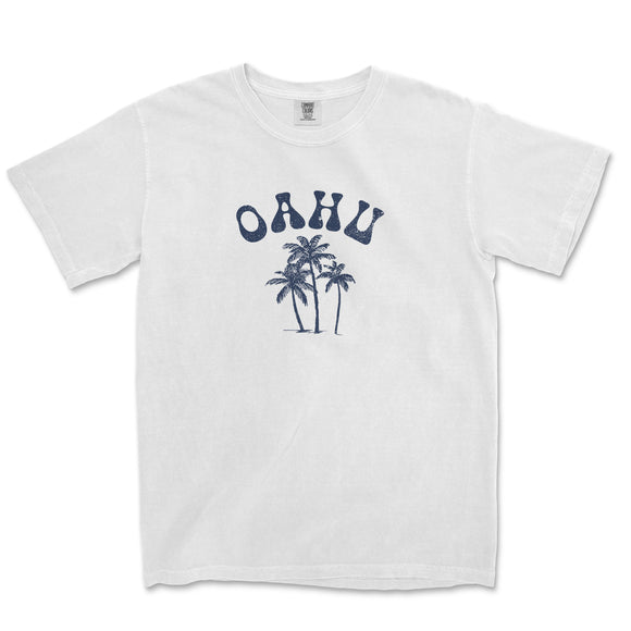 a white t - shirt with a palm tree and the word ohu on it