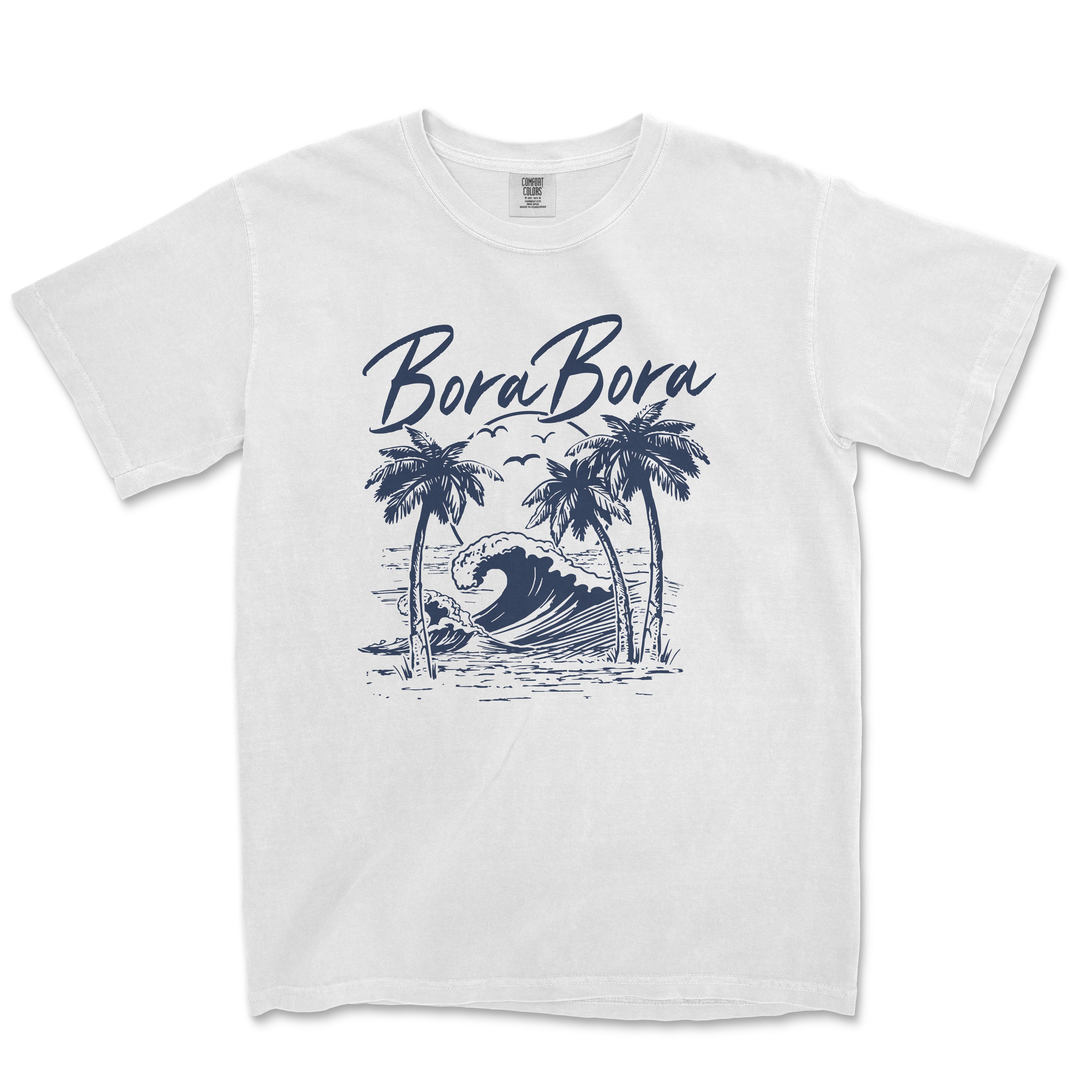 a white t - shirt with a picture of a wave and palm trees