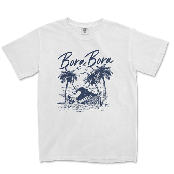 a white t - shirt with a picture of a wave and palm trees
