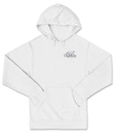 A white hooded sweatshirt with a logo on the front.