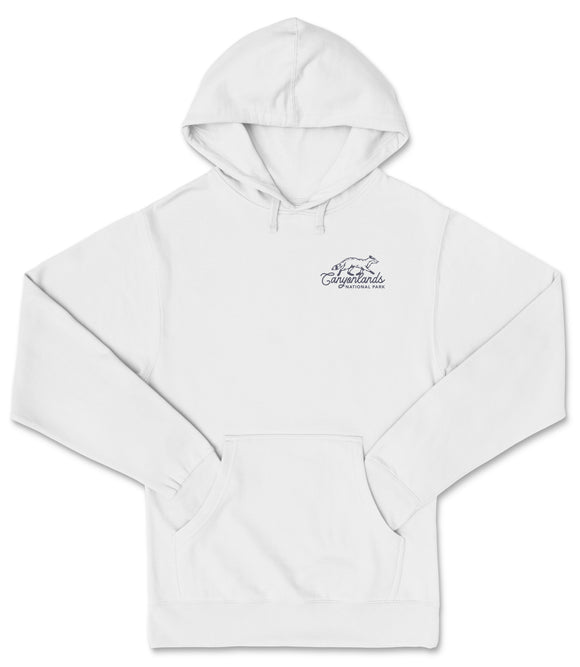 A white hooded sweatshirt with a logo on the front.