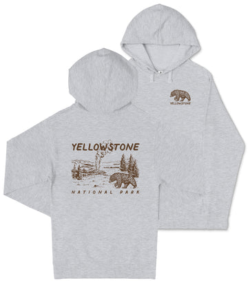 A grey hooded sweatshirt with a graphic design depicting a bear and the text "Yellowstone National Park" printed on it.
