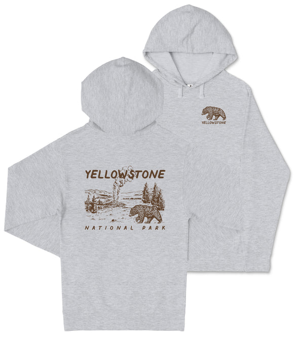 A grey hooded sweatshirt with a graphic design depicting a bear and the text "Yellowstone National Park" printed on it.
