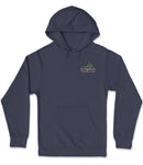 A navy blue hooded sweatshirt with a logo on the front.