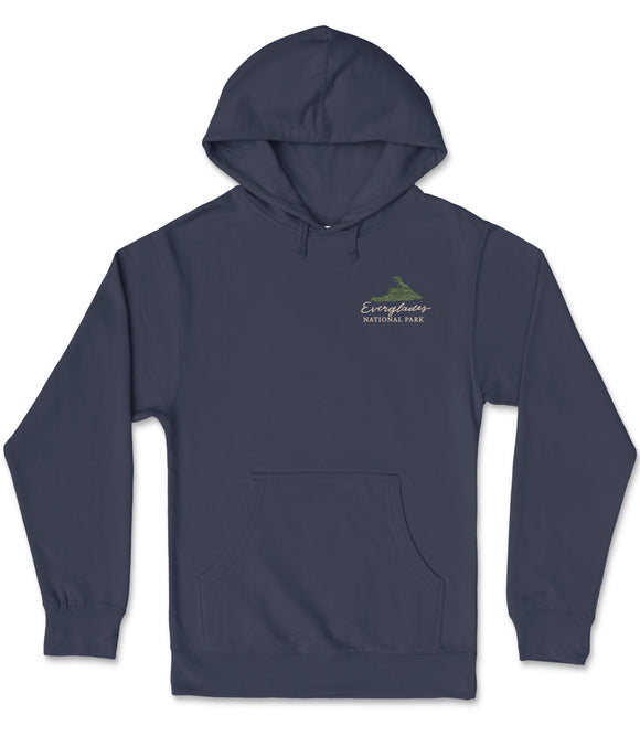 A navy blue hooded sweatshirt with a logo on the front.