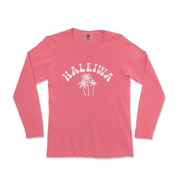 a pink long sleeve shirt with a palm tree