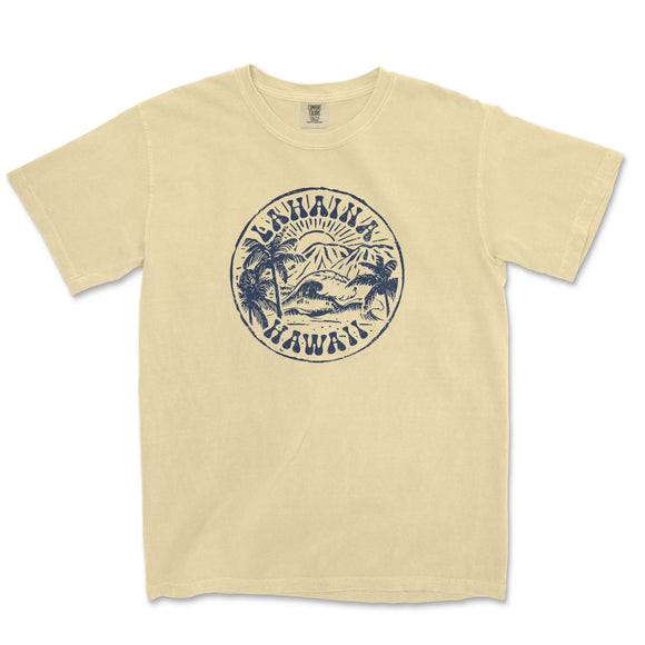 a yellow t - shirt with a picture of a beach and palm trees