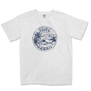 a white t - shirt with a blue and white logo