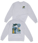 A grey sweatshirt with a graphic design featuring a turtle, palm trees, and a lighthouse, along with the text "BISCAYNE NATIONAL PARK".