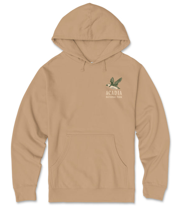A beige hooded sweatshirt with a graphic of a bird on the left chest area and the text "ACIDIA" printed on the right chest area.