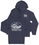 A navy blue hooded sweatshirt with a white graphic design and text on the back.