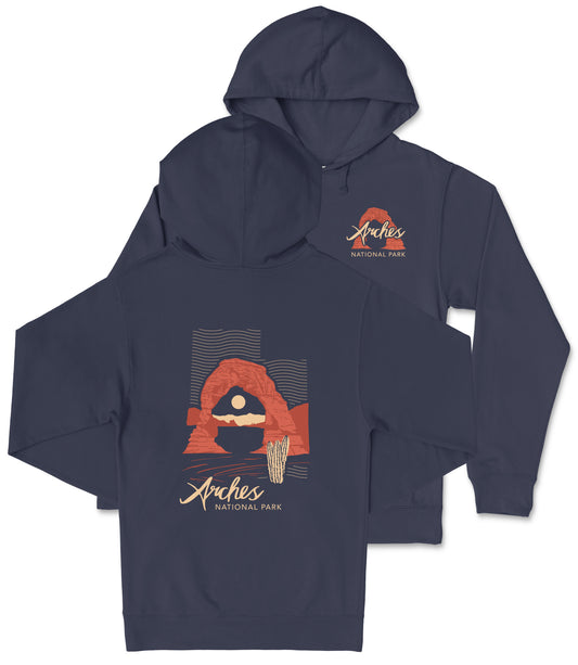 A navy blue hooded sweatshirt with a graphic design depicting a desert landscape and the text "Arches National Park" printed on it.