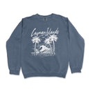 a blue sweatshirt with a picture of a wave and palm trees