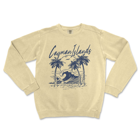 a sweatshirt with a picture of a wave and palm trees