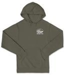 A gray hooded sweatshirt with a white logo on the left side.