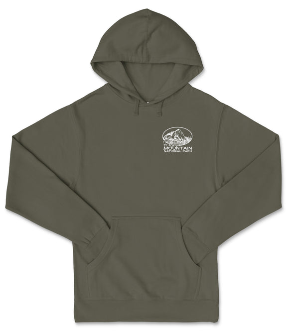 A gray hooded sweatshirt with a white logo on the left side.