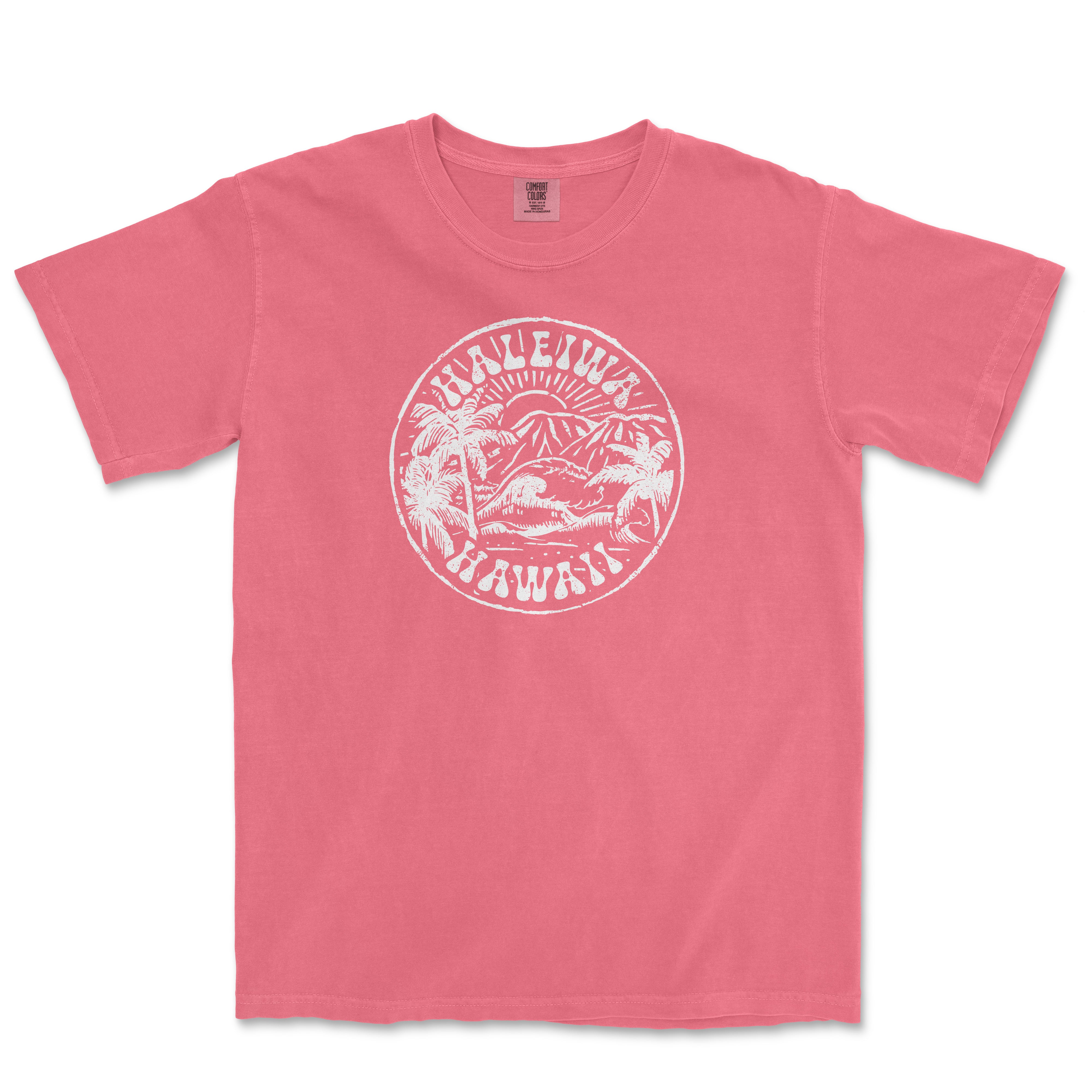 a pink t - shirt with a white logo on it