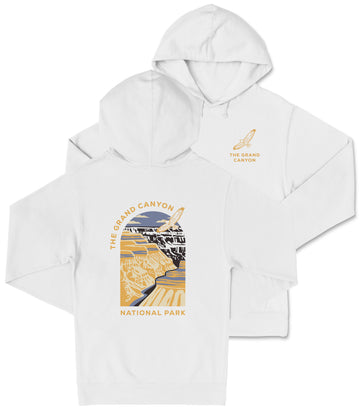 A white hooded sweatshirt with a graphic design depicting a scenic landscape, specifically The Grand Canyon, printed on the back.