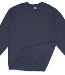 A navy blue long-sleeved shirt with a brown logo on the left side.
